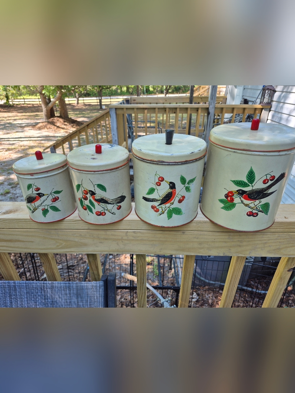 RARE  Vintage 1949's Maid Of Honor "Robin And Cherry Branches" 4 Pc Canister Set